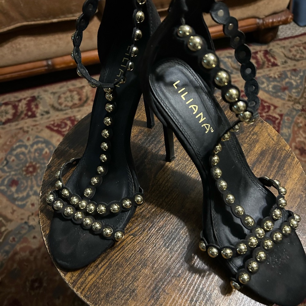 Liliana Black Stiletto Heels with Gold Bead Straps